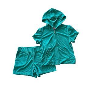 JUICY COURTURE Teal Terry Bling Tracksuit Hoodie Jacket Shorts Set M NWT $179